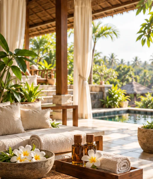 An inviting open-air Bali villa overlooking a tropical pool